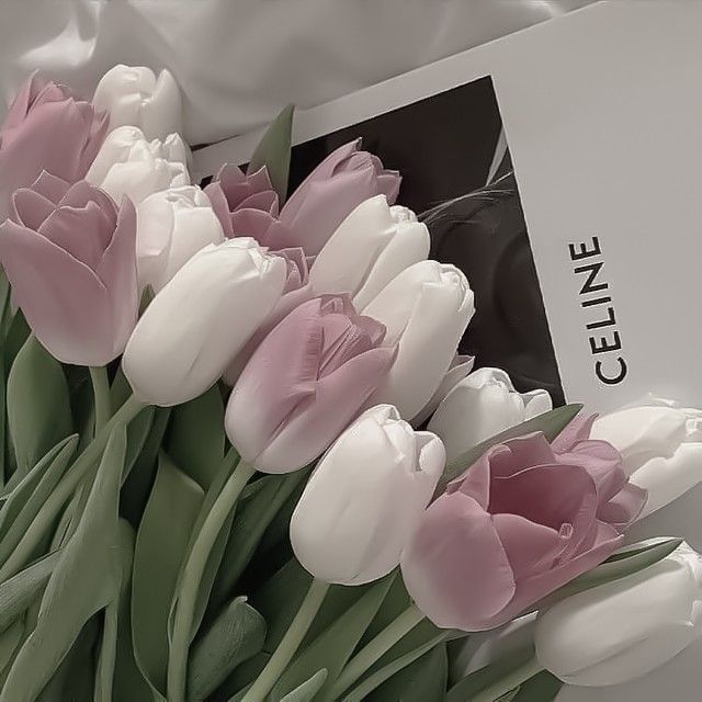 a bouquet of pink and white tulips sitting on top of a table