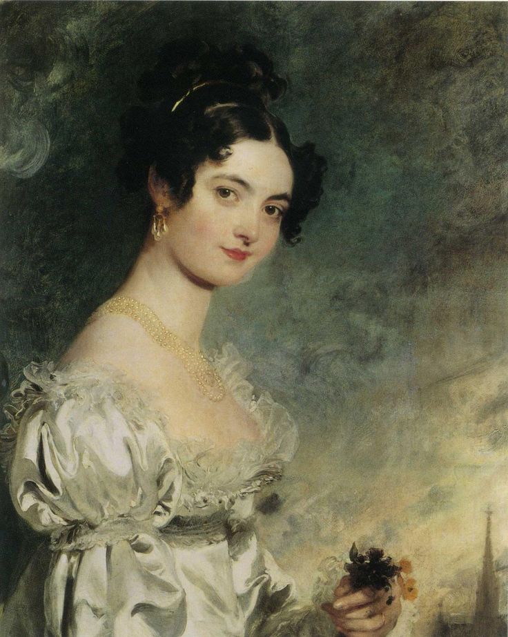 a painting of a woman in white dress holding a flower and looking at the camera