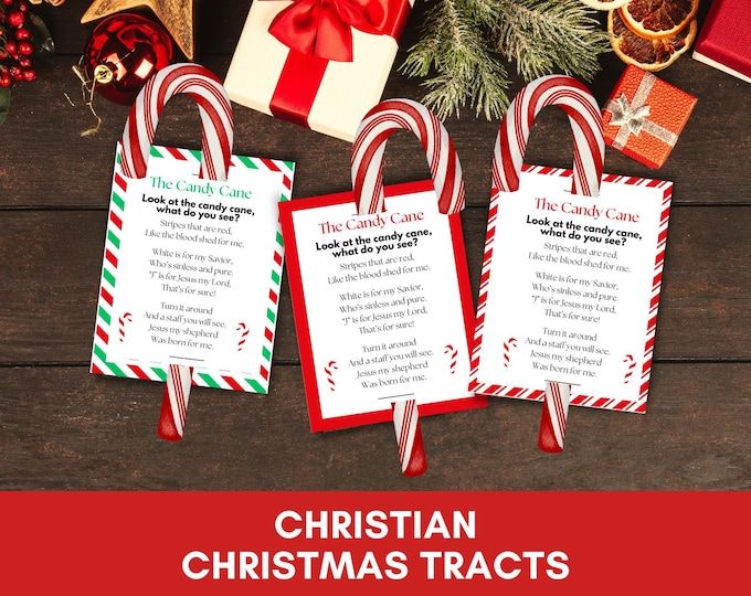 three christmas tags with the words christian christmas treats on them and candy canes in front