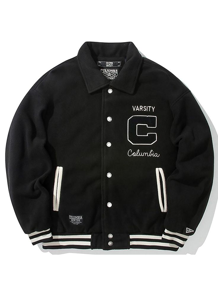 The varsity jacket features semi-oversized fit design, which makes natural silhouette and casual mood outfit, and boucle applique logo. The jacket is made of warm polar fleece shell and has logo engraved snap closure.- Oversized fit- Collar neck- Ribbed cuffs, hem- Welt side pockets- Colorblock point Long Sleeve Varsity Jacket With Logo For Streetwear, White Streetwear Outerwear With Logo Patch, White Varsity Outerwear With Logo Patch, Black Varsity Jacket With Baseball Collar And Logo Patch, Black Baseball Collar Outerwear With Logo Patch, Black Outerwear With Baseball Collar And Logo Patch, Casual Varsity Jacket With Logo Patch, Casual Long Sleeve Varsity Jacket With Logo Patch, Black Varsity Jacket With Logo Patch For Fall