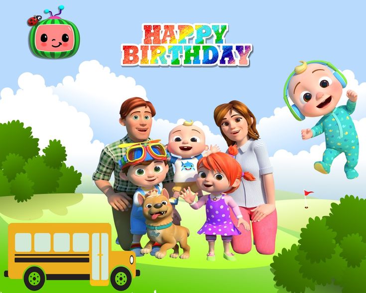 the family is standing in front of a school bus with happy birthday written on it