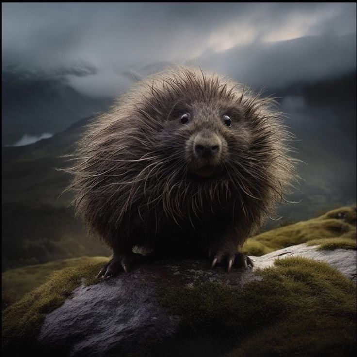 a porcupine sitting on top of a rock