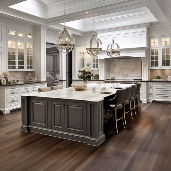 a large kitchen with an island in the middle and lots of counter space on one side