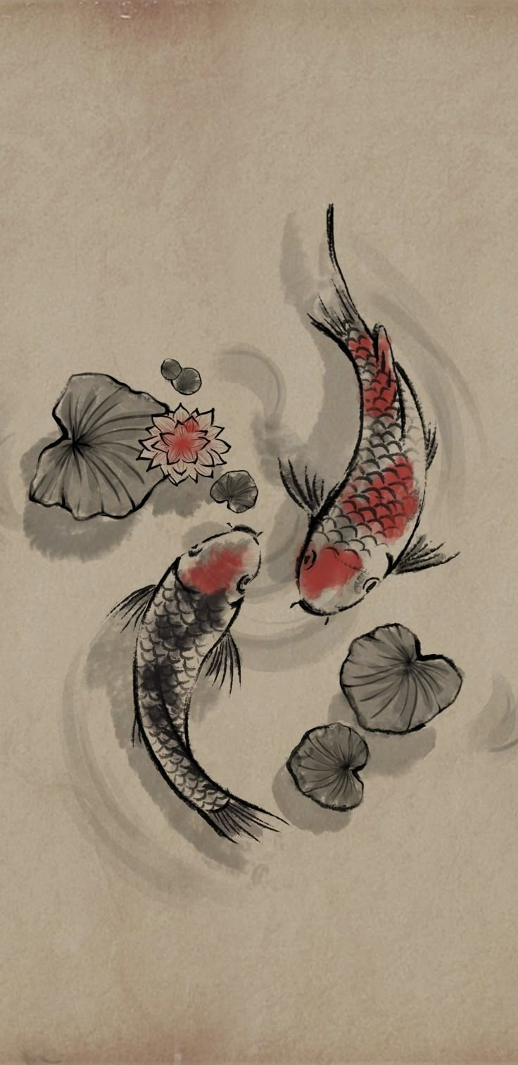 two koi fish swimming in water with lily pads on the side and one is red