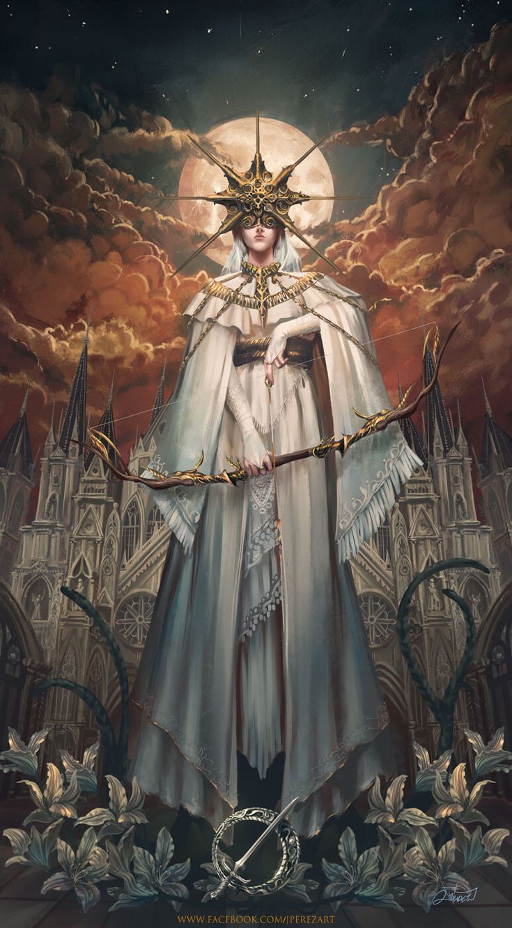 a painting of a woman dressed in white and holding a star above her head while standing on top of a castle