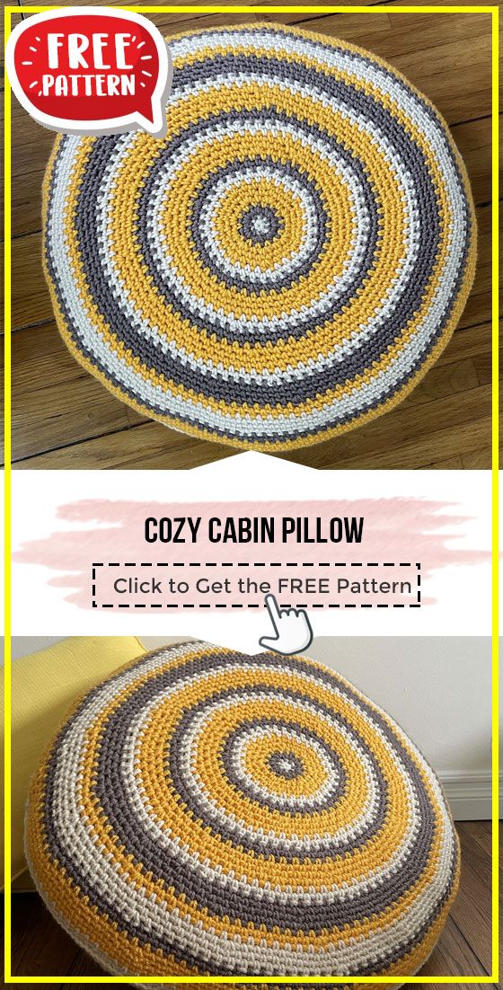 a crocheted rug is shown with the text cozy cabin pillow on top and below it