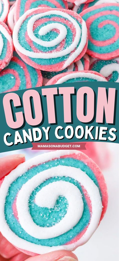 cotton candy cookies with blue, pink and white frosting on top are being held by someone