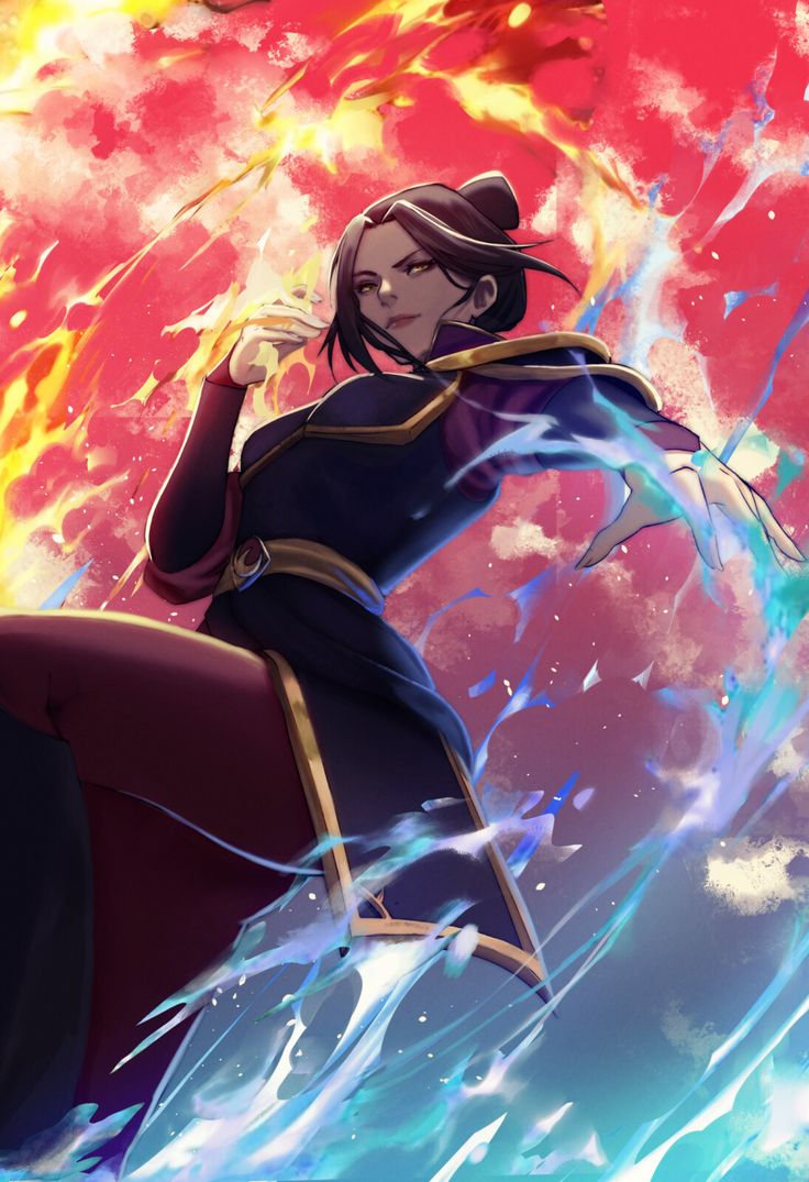 an anime character is flying through the air with fire and water in her hand,