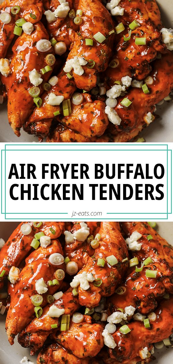 air fryer buffalo chicken tenders on a plate with text overlay that reads, air fryer buffalo chicken tenders