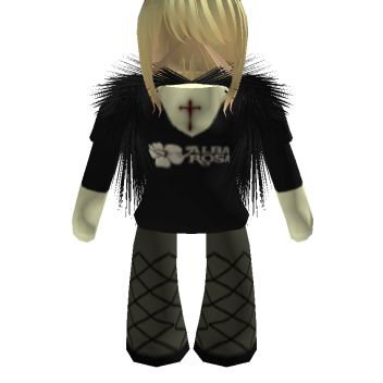 a cartoon character with blonde hair and black clothes, standing in front of a white background