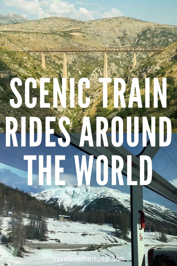 scenic train rides around the world with text overlay reading scenic train rides around the world