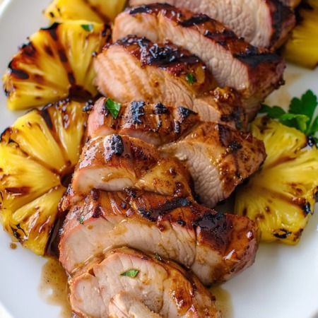 some meat and pineapples on a white plate