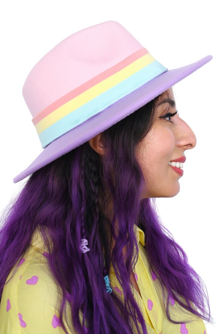 The sweetest color blocked hat with a candy-colored band all around! This cute little number will go with everything! Brim can be shaped and re-shaped with steam! 100% Polyester Please note that all hats are final sale. Designed by us in Los Angeles and made by our reputable manufacturer in China! Playful Purple Adjustable Hat, Trendy Pink Hat For Birthday, Trendy Pink Brimmed Mini Hats, Trendy Pink Wide Brim Mini Hat, Playful Short Brim Hat, Retro Pink Hat With Flat Brim, Pink Retro Flat Brim Hat, Retro Pink Flat Brim Hat, Pink Wide Brim Fun Hat