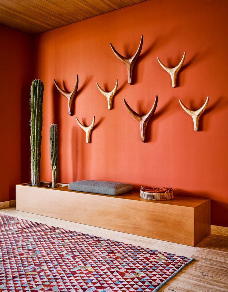 an orange room with antlers on the wall and a rug in front of it