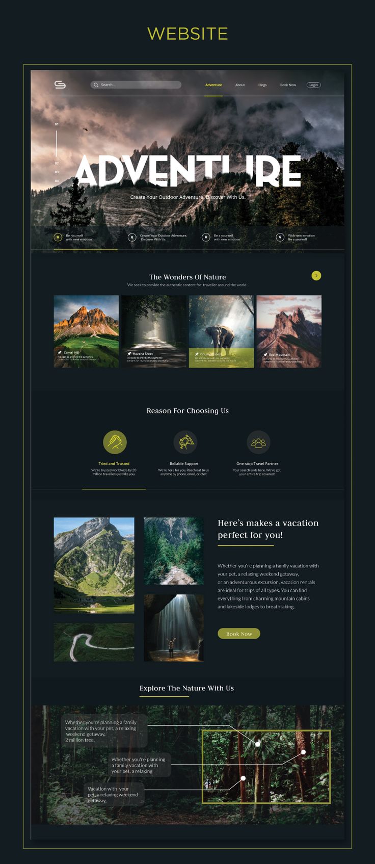 the website design for an adventure company, with dark colors and green accents on it