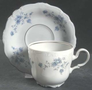 a white cup and saucer with blue flowers on it