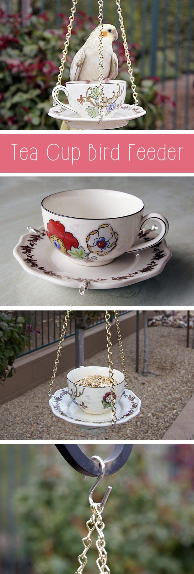 tea cup bird feeder hanging from chains