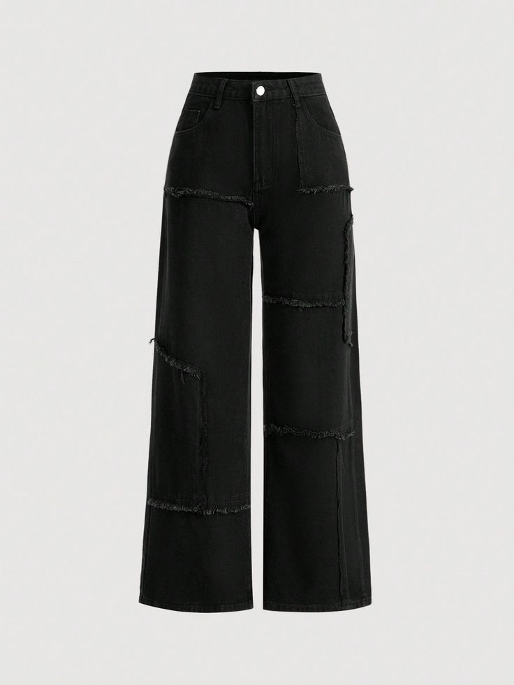 Negro  Collar  Mezclilla Liso Pierna ancha Embellished No-Elástico Black Wide Leg Jeans, Moda Jeans, Cute Pants, Women Denim Jeans, Inspiration Mode, Casual Denim, Kids Sleepwear, Black Casual, Outfits For Teens