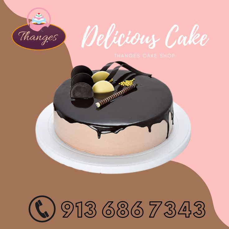 a cake with chocolate icing and candies on top is shown for the advertisement