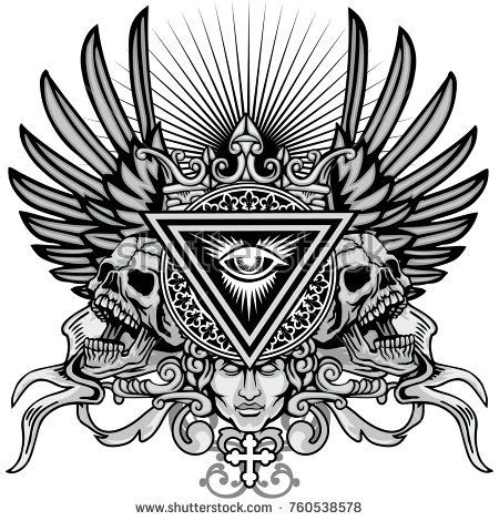 an all seeing eye surrounded by two skulls with wings in the center and ornate ornaments around it