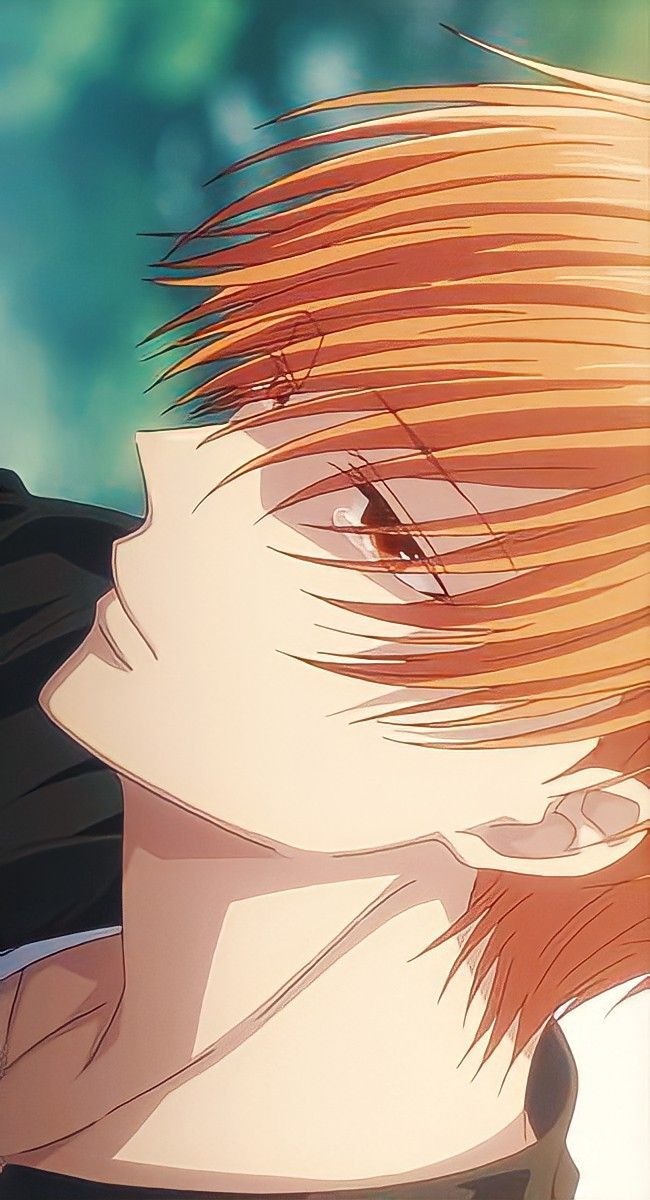 an anime character with red hair looking at something