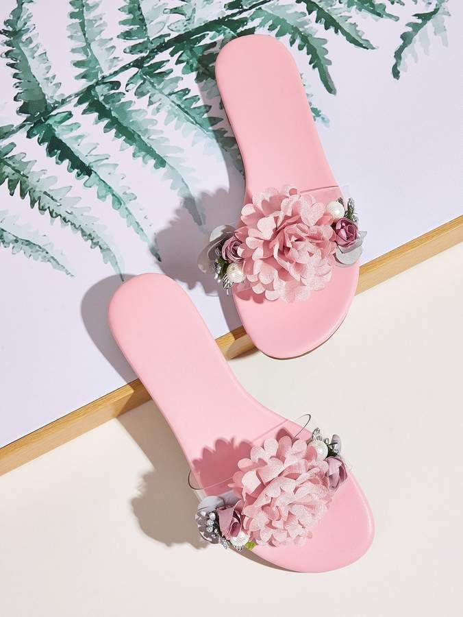 Shein Floral Applique Flat Sliders Fancy Slippers, Fancy Flats, Mode Shoes, Shoes Heels Classy, Fashion Slippers, Fancy Shoes, Shoes Flats Sandals, Girly Shoes, Slippers For Girls