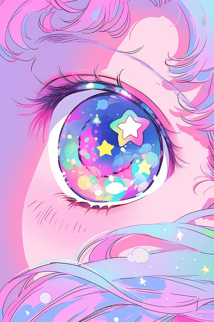 Pastel Color Hair Ideas, Pastel Star Aesthetic, Space Cute Drawing, Pastel Pop Aesthetic, Star Eye Drawing, Star Eyes Anime, Pastel Character Design, Pastel Anime Art, Pastel Cyberpunk