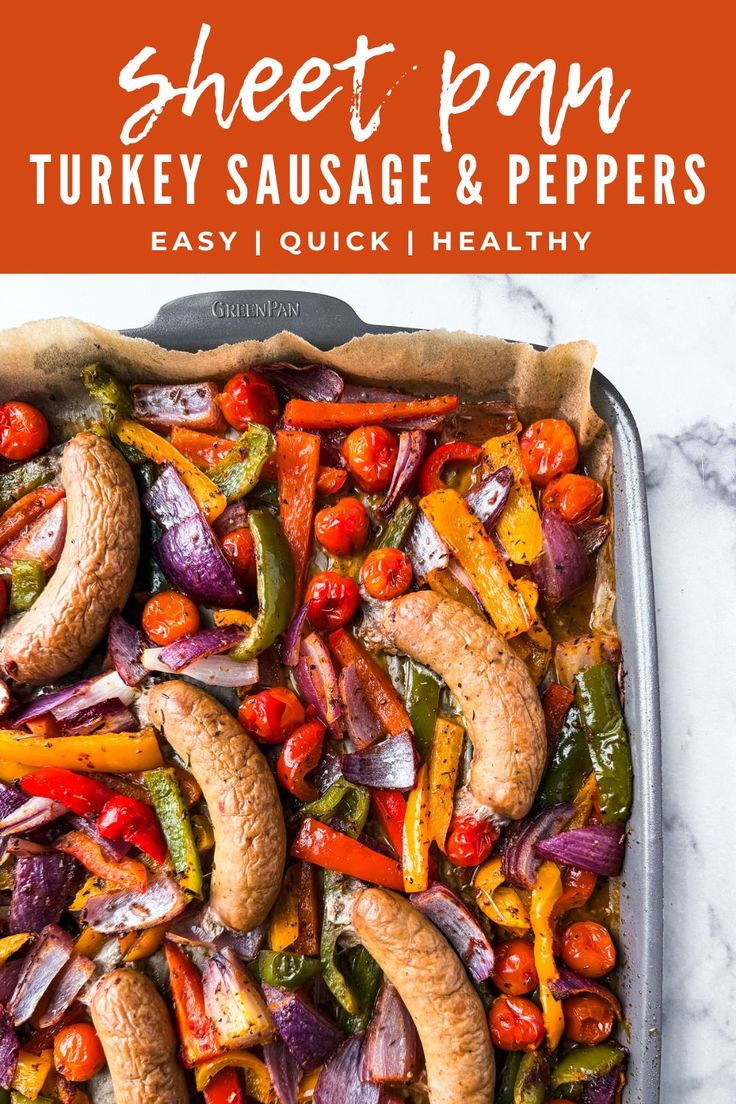 sheet pan turkey sausage and peppers with text overlay