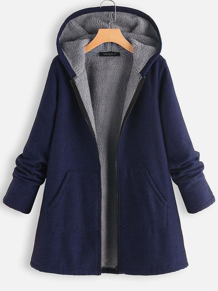 Solid Fleece Hooded Long Sleeve Thick Coat Trendy Winter Jackets For Women, Mode Mantel, Thick Coat, Sweatpants Set, Print Coat, Woolen Coat, Warm Coat, Hooded Coat, Coat Fashion