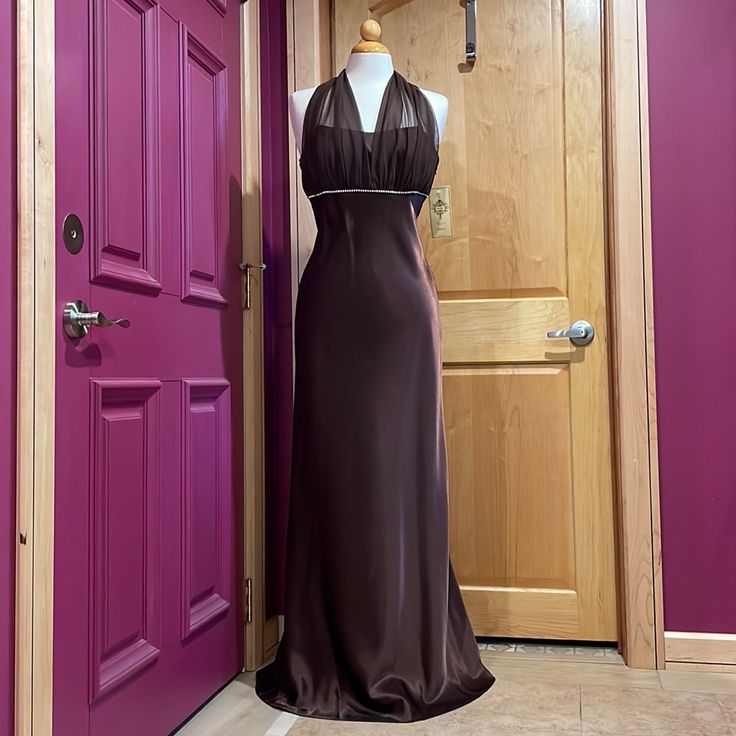 4 Available Simple Yet Fancy! Elegant Brown Satin Maxi Dress, Brown Satin Maxi Dress For Evening, Formal Brown Satin Maxi Dress, Formal Halter Neck Lined Dress, Brown Satin Maxi Length Dress, Elegant Brown Halter Neck Maxi Dress, Fitted Silk Halter Neck Dress, Elegant Lined Satin Maxi Dress, Elegant Halter Neck Lined Dress