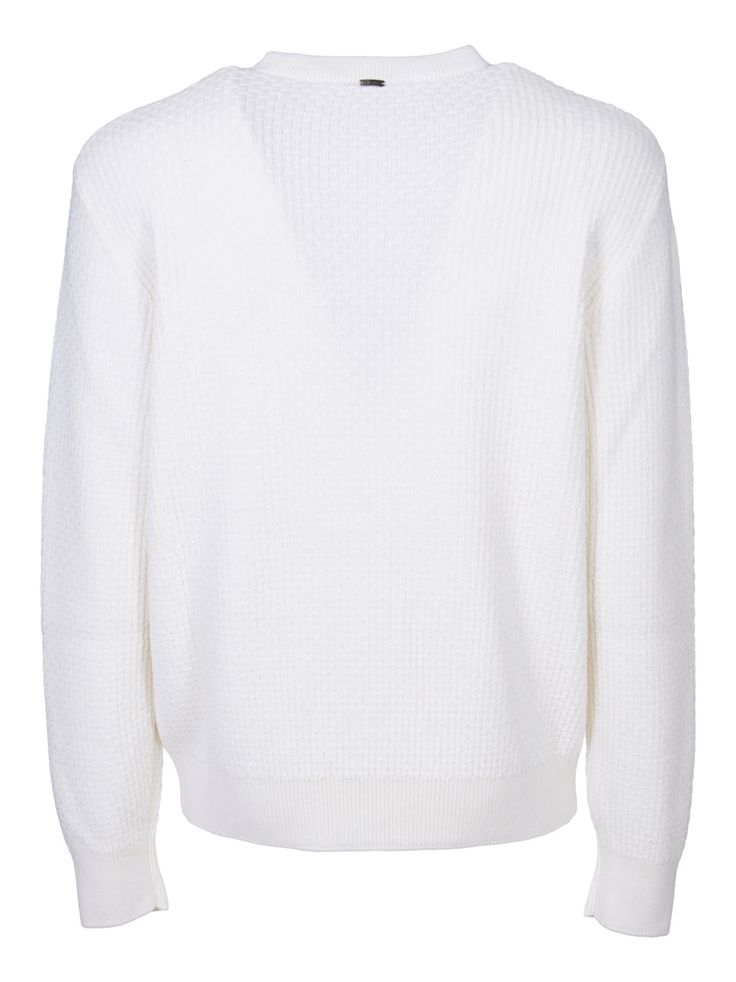 White sweater. Crew neck. Regular fit. Composition: 100% virgin wool. Made in Italy. White Cashmere Cardigan With Ribbed Cuffs, White Fine Knit V-neck Sweater For Winter, White Classic Cashmere V-neck Sweater, White Cashmere Tops With Ribbed Cuffs, White Polo Sweater With Ribbed Cuffs, White Knit Polo Sweater With Ribbed Cuffs, Casual White Cashmere V-neck Sweater, White Knit V-neck Sweater With Ribbed Cuffs, White Crew Neck Cardigan With Ribbed Collar