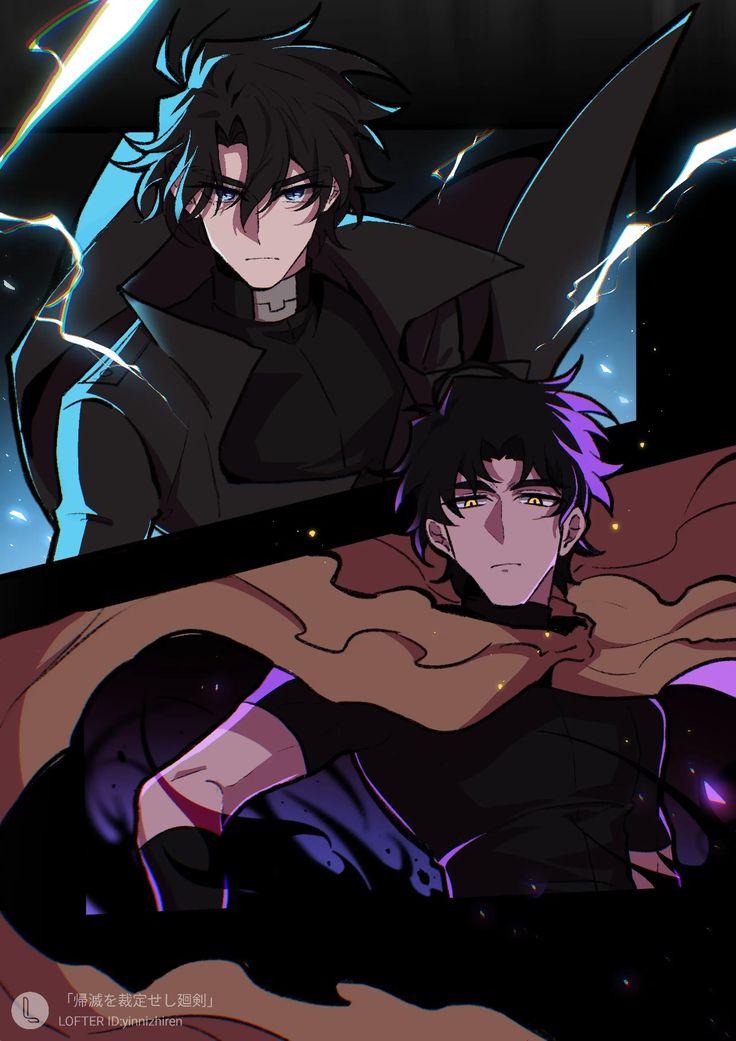 two anime characters sitting on top of a bed in front of a dark background with lightning