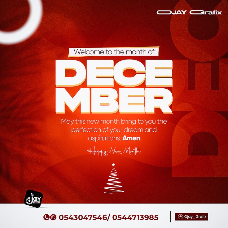 a red and white poster with the words december on it