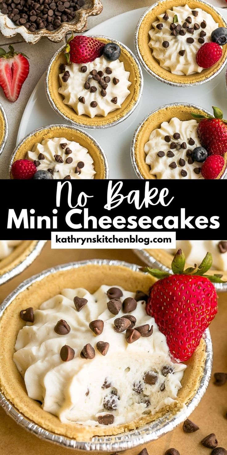 no bake mini cheesecakes with chocolate chips and strawberries in the background