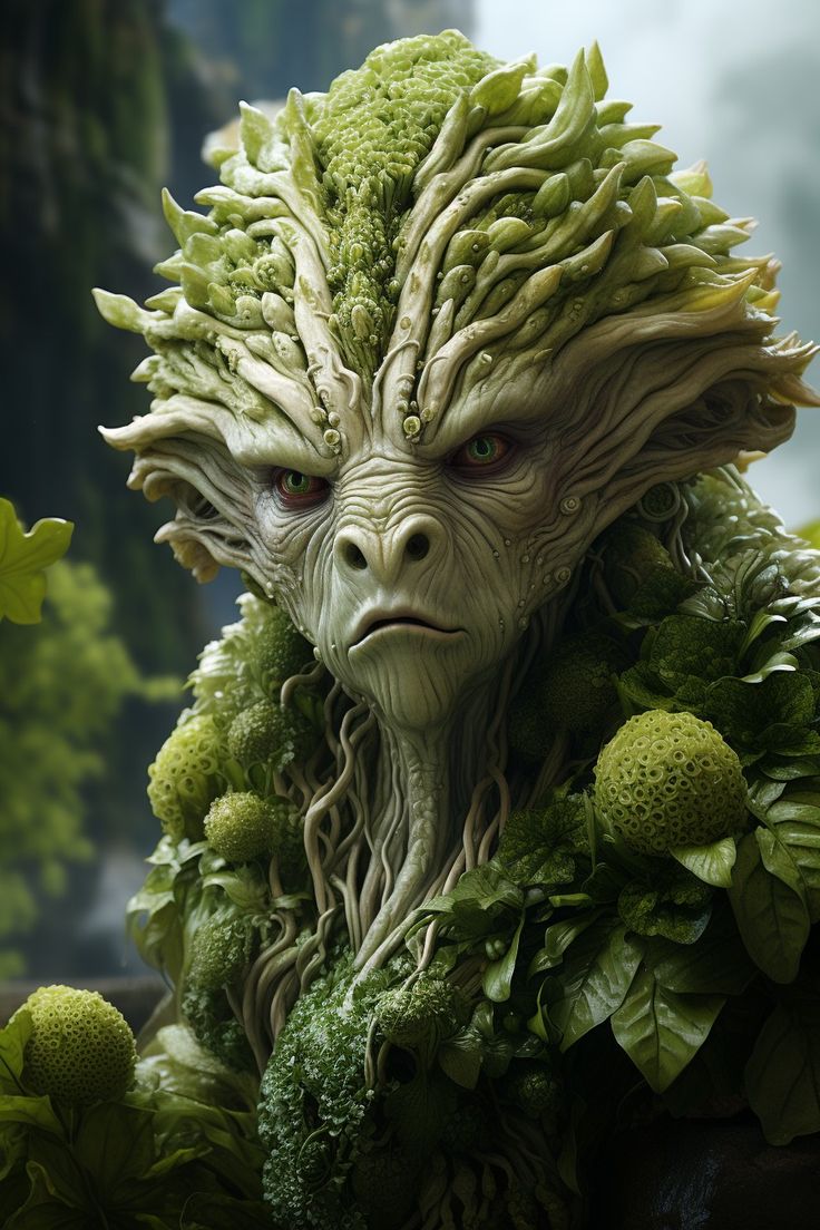 a creature with long hair and green foliage on its face, standing in front of trees