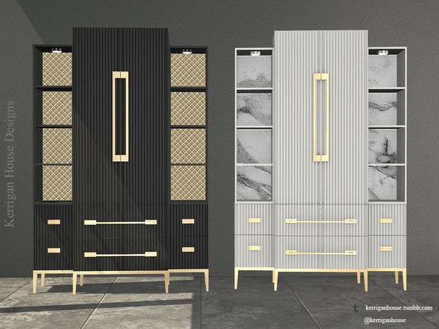 three black and white cabinets with gold trims