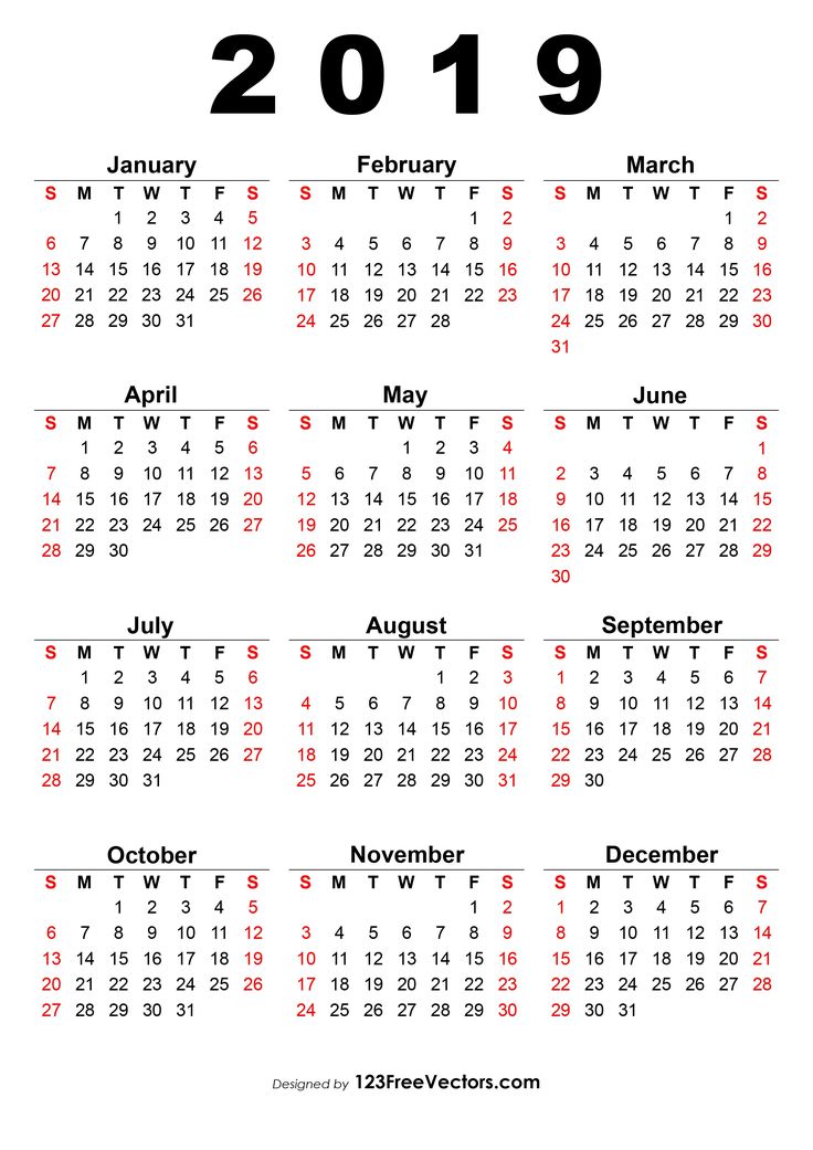 a calendar for the year 2019 with red and black numbers, on a white background