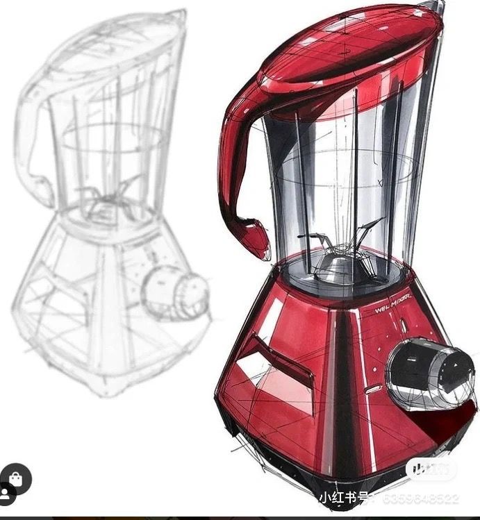 a red blender sitting on top of a white table next to a drawing of it