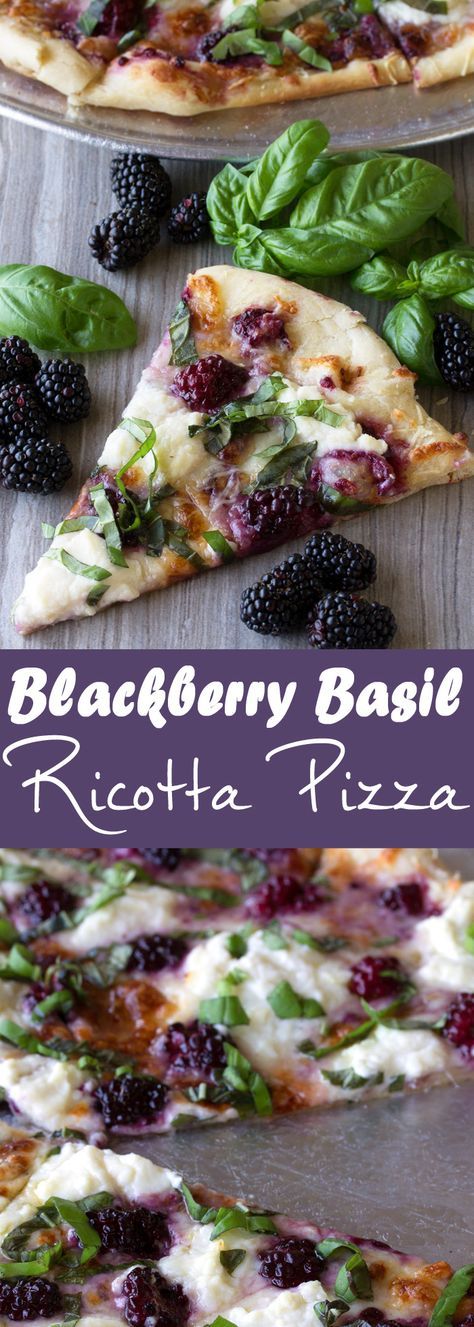 blackberry basil ricotta pizza with fresh basil and blackberries