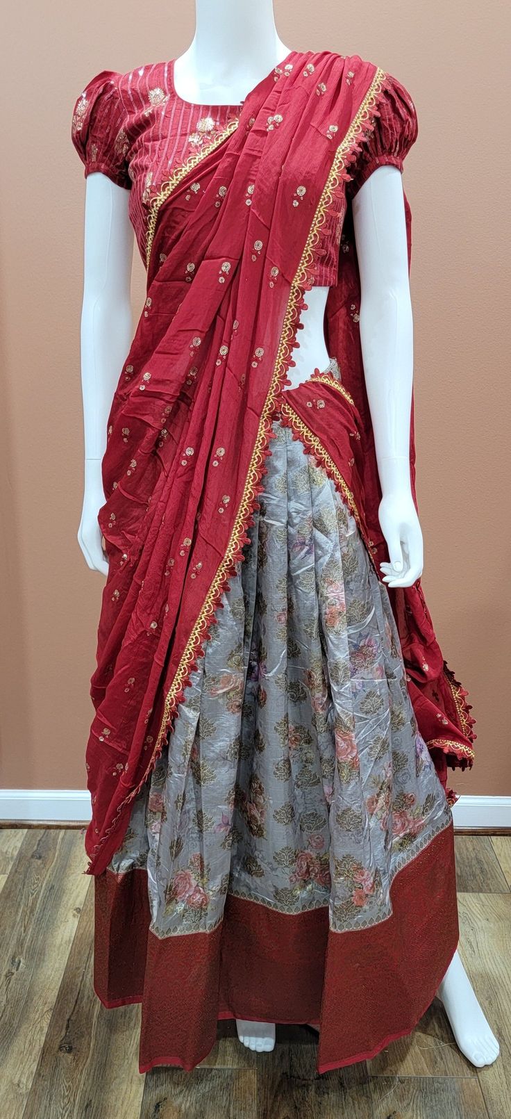 Attractive Banaras Digital Printed half saree set in Red and Grey. Blouse size : 32 Inches Lehenga length: 39 inches Grey And Red Lehenga, Red Art Silk Pre-draped Saree With Self Design, Bollywood Style Red Pre-draped Saree With Self Design, Red Pre-draped Saree With Sheer Dupatta In Dola Silk, Red Pre-draped Saree With Unstitched Blouse For Navratri, Designer Red Pre-draped Saree With Self Design, Red Pre-draped Saree With Sheer Dupatta For Puja, Red Anarkali Pre-draped Saree With Traditional Drape, Red Zari Work Sets With Traditional Drape