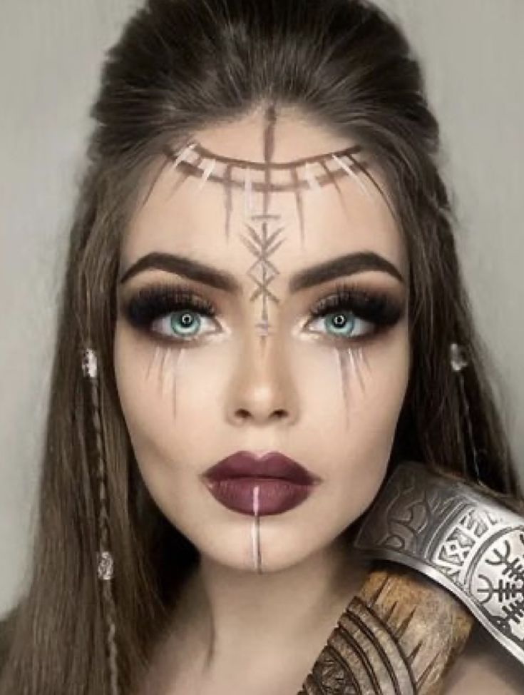 Barbarian Face Paint, Barbarian Woman Makeup, Rogue Makeup Dnd, Woman Viking Makeup, Viking Queen Makeup, Barbarian Makeup Female, Viking Women Makeup, Women Viking Makeup, Barbarian Makeup