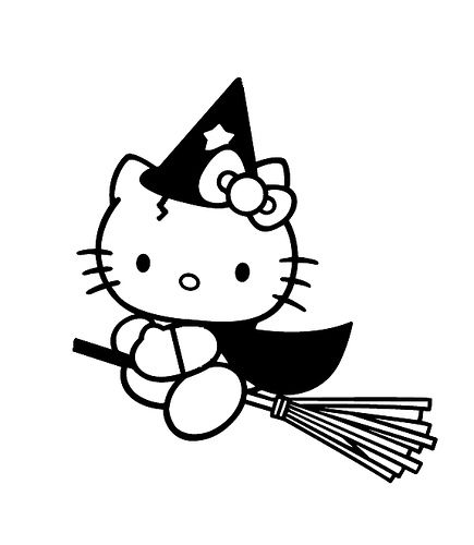 a hello kitty holding a broom and wearing a witches hat