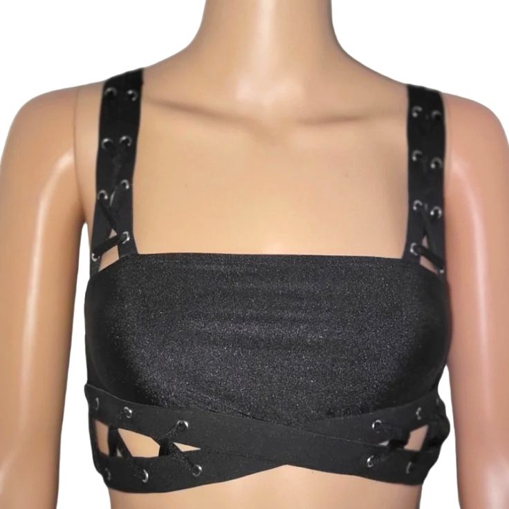 Black Bandeau Top With Elastic Adjustable Straps. Size: S Brand: Ohs Clothing Price: $15 #Sexy #Dancewear #Fun #Channices_chicboutique Fitted Crop Top For Summer Concert, Bandage Crop Top For Night Out, Edgy Strapped Tops For Party, Cropped Strap Crop Top For Party, Black Crop Top For Summer Concerts, Trendy Bandage Tops For Party, Y2k Fitted Crop Top For Party, Trendy Stretch Crop Top For Concerts, Trendy Crop Top For Concert