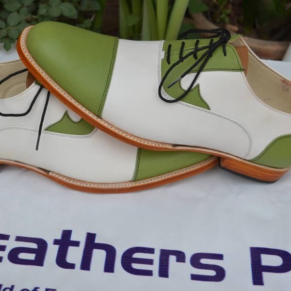 Green White Contrast Oxford Lace up Dress Shoes on Storenvy Green Round Toe Oxfords For Office, Classic White Leather Shoes For Summer, White Leather Cap Toe Shoes For Spring, Spring White Cap Toe Leather Shoes, Summer Office Oxfords With Leather Sole, Summer Oxfords With Leather Sole For Office, Spring Derby Cap Toe Leather Shoes, Spring Leather Fitted Oxfords, Spring Leather Oxfords