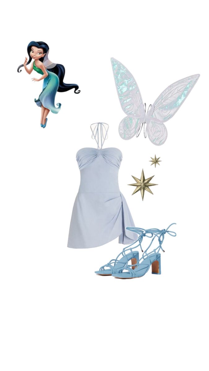 a dress and shoes are shown with butterflies on the top one is blue, while the other is white