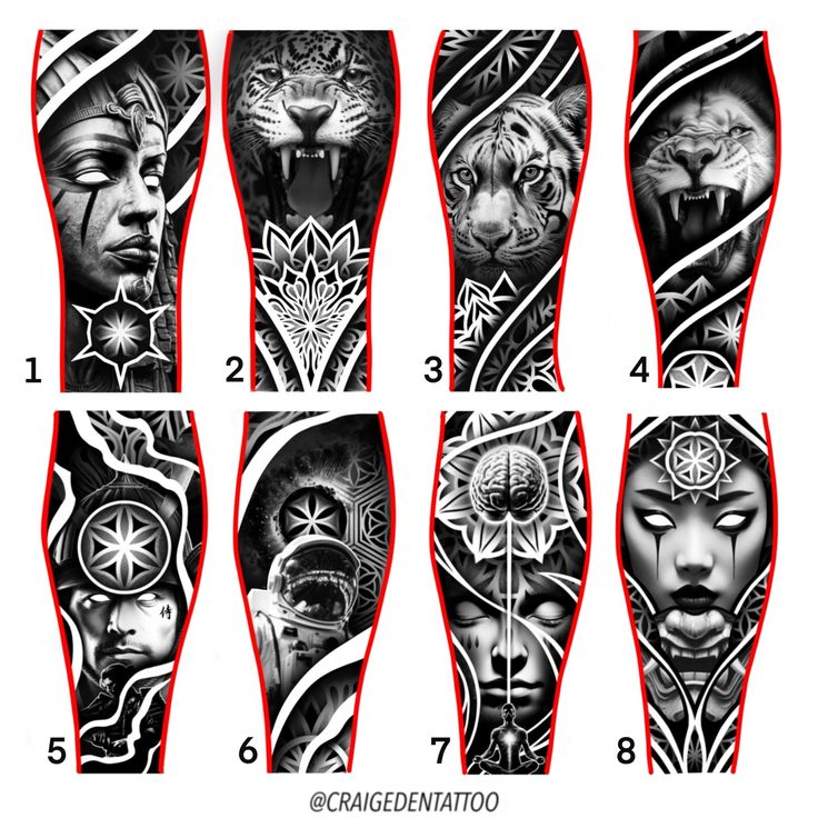 an image of different tattoo designs on the arm and leg, all in black and white