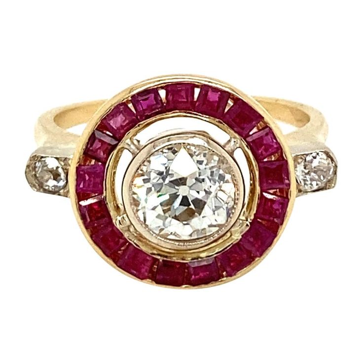 Art Deco Cluster Ring With 17 Jewels, Gia Certified Ruby Diamond Ring For Anniversary, Gia Certified Ruby Ring, Classic Gia Certified Round Ruby Ring, Gia Certified Yellow Gold Ruby Ring With Round Cut, Vintage Red Diamond Ring With Halo Setting, Art Deco Ruby Jewelry With Brilliant Cut, Gia Certified Lab-created Ruby Diamond Ring For Anniversary, Anniversary Gia Certified Lab-created Ruby Diamond Ring