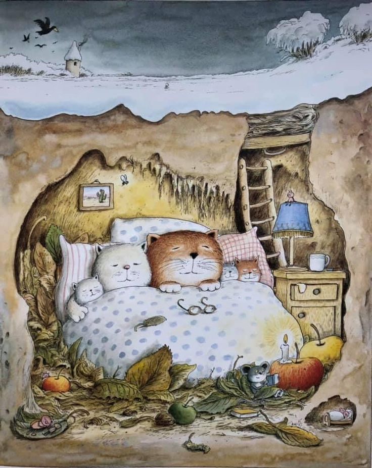 a painting of a cat sleeping in a bed with other cats on the floor and around it