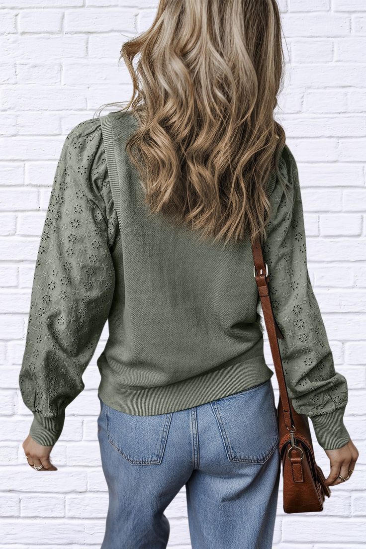 Embrace Effortless Style with Our Eyelet Round Neck Long Sleeve Sweatshirt! Add a touch of elegance to your casual wardrobe with the Eyelet Round Neck Long Sleeve Sweatshirt. This stylish sweatshirt features delicate eyelet detailing that enhances its classic design, making it a versatile piece for any occasion. The round neck and long sleeves provide comfort and coverage, ensuring you look chic and feel great all day long. Key Features: Design: Delicate eyelet detailing for a sophisticated touc Spring Pointelle Knit Long Sleeve Tops, Spring Long Sleeve Pointelle Knit Tops, Casual Pointelle Knit Blouse For Fall, Chic Spring Crew Neck Sweatshirt, Chic Crew Neck Sweatshirt For Spring, Fall Crew Neck Pointelle Knit Blouse, Spring Solid Color Pointelle Knit Sweater, Long Sleeve Cotton Top With Pointelle Knit, Solid Color Pointelle Knit Sweater For Spring