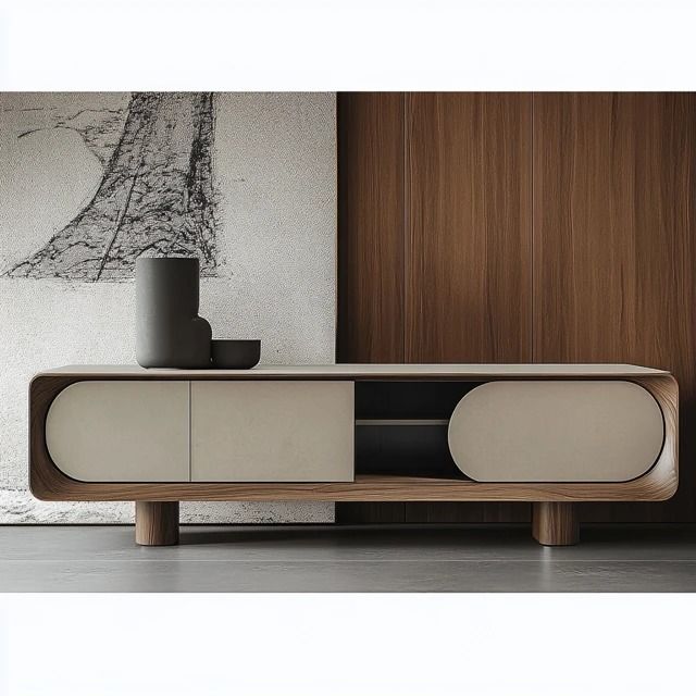 the sideboard is made out of wood and has an unusual design